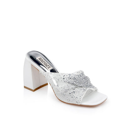 Badgley Camelia Crystal-Embellished Peep-Toe Mules with Block Heel