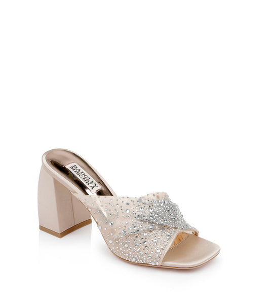 Badgley Camelia Crystal-Embellished Peep-Toe Mules with Block Heel