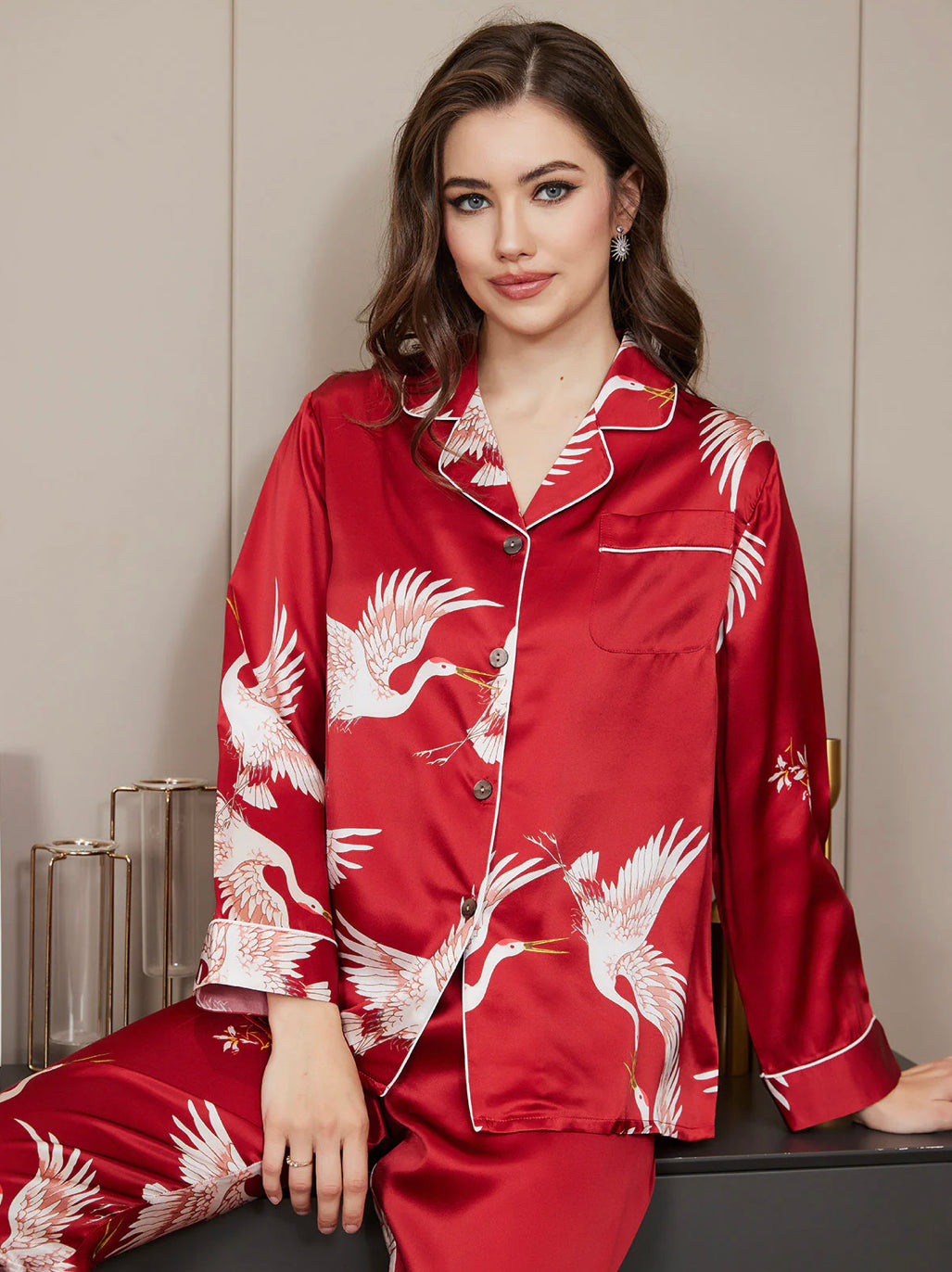 100% Silk Printed Classic Binding Trim pj Set