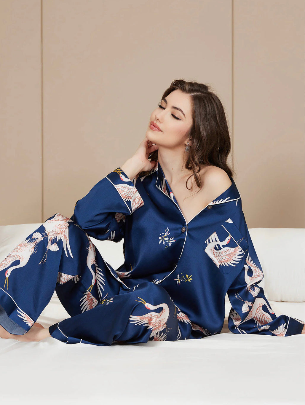 100% Silk Printed Classic Binding Trim Pj Set