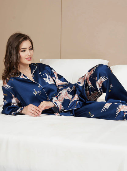 100% Silk Printed Classic Binding Trim Pj Set