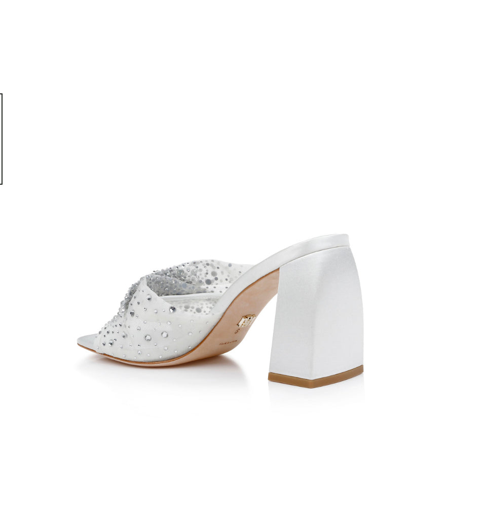 Badgley Camelia Crystal-Embellished Peep-Toe Mules with Block Heel