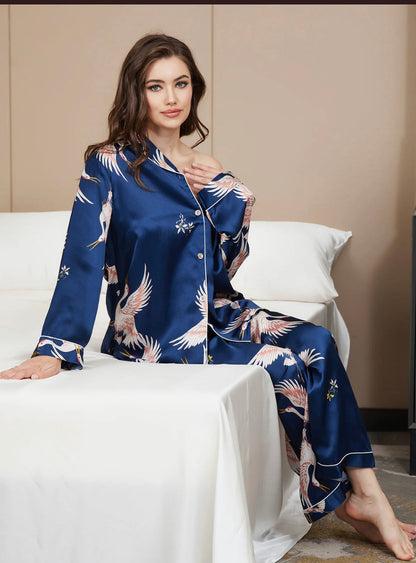 100% Silk Printed Classic Binding Trim Pj Set